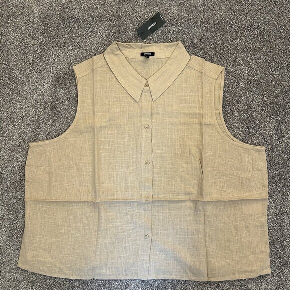 Express Women's Linen-Blend Sleeveless Button Up Shirt Beige Size XL NWT $54 - Picture 4 of 16
